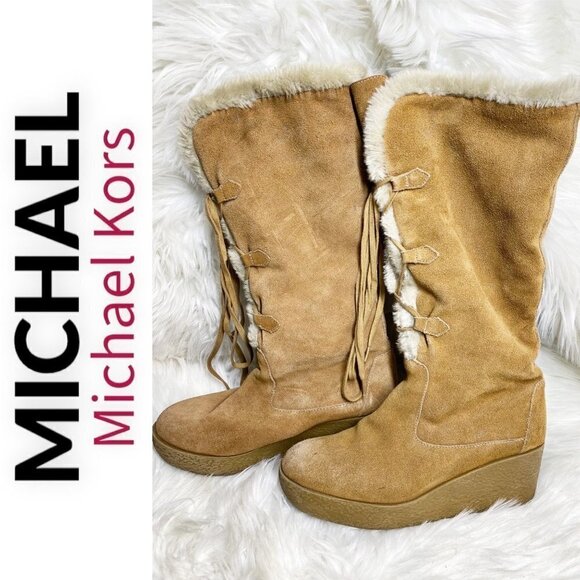 MICHAEL MICHAEL KORS Camel Brown Suede Sherpa Lined Wedge Boot, Size 9.5 - Picture 1 of 10